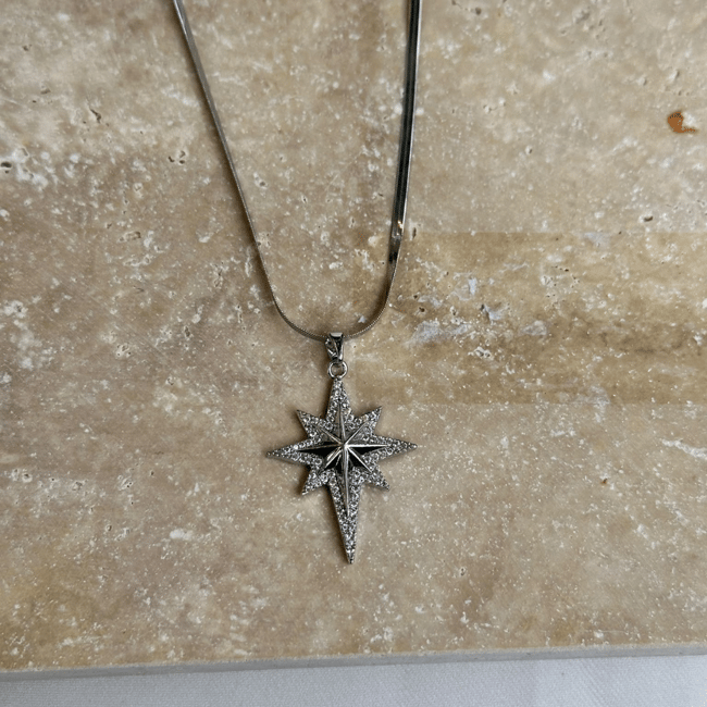 Zirkon Taş İşlemeli Kuzey Yıldızı Yılan Zincir Silver Kolye
