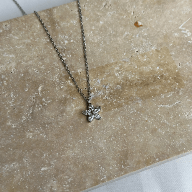 Zirkon Taşlı 5 Yapraklı Çiçek Silver Kolye