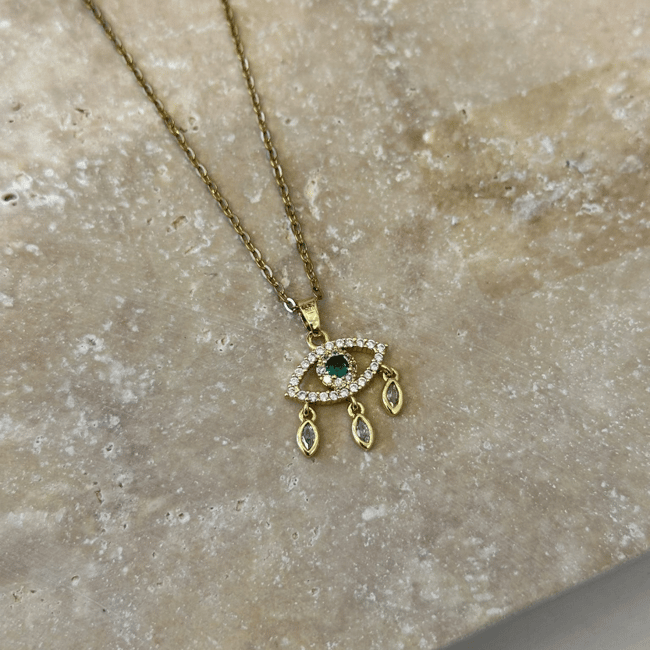 Zümrüt Yeşil Göbekli Markiz Sallantılı Nazar Gözü Gold Kolye