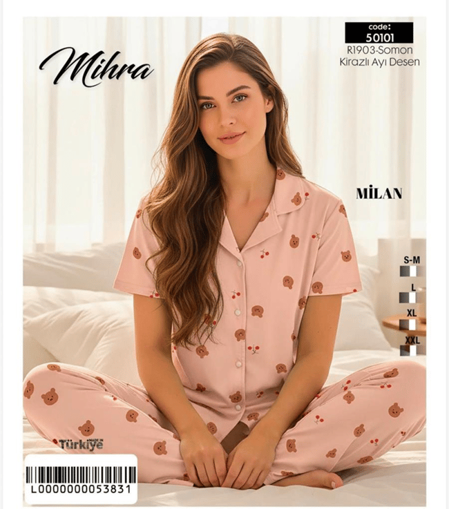 Mihra 50101-R1903 Kadın Bambu Milan Kısa Kol Önd. Düğ. Pijama Takımı
