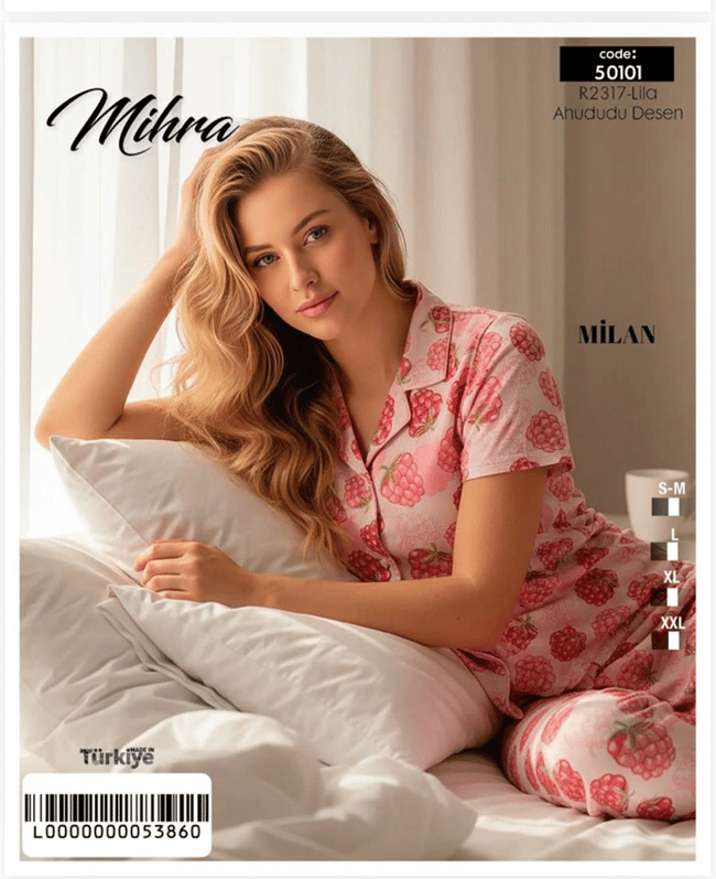 Mihra 50101-R2317 Kadın Bambu Milan Kısa Kol Önd. Düğ. Pijama Takımı