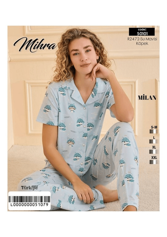 Mihra 50101-R2472 Kadın Bambu Milan Kısa Kol Önd. Düğ. Pijama Takımı
