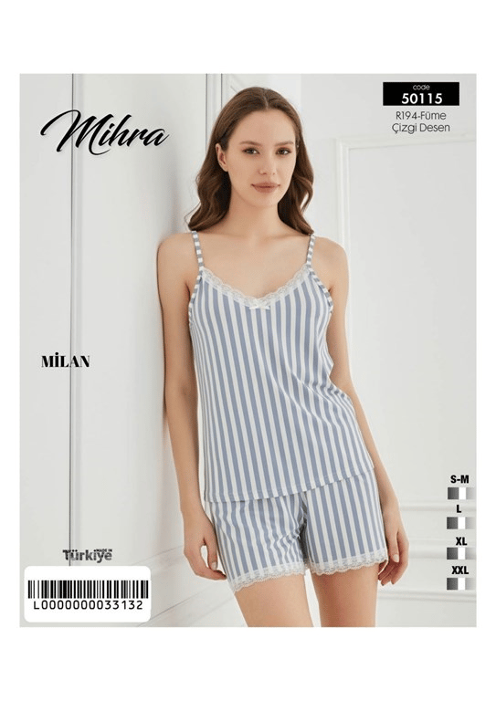Mihra 50115-R194 Kadın Bambu İp Askılı Alt Şort Dantelli Pijama Takımı