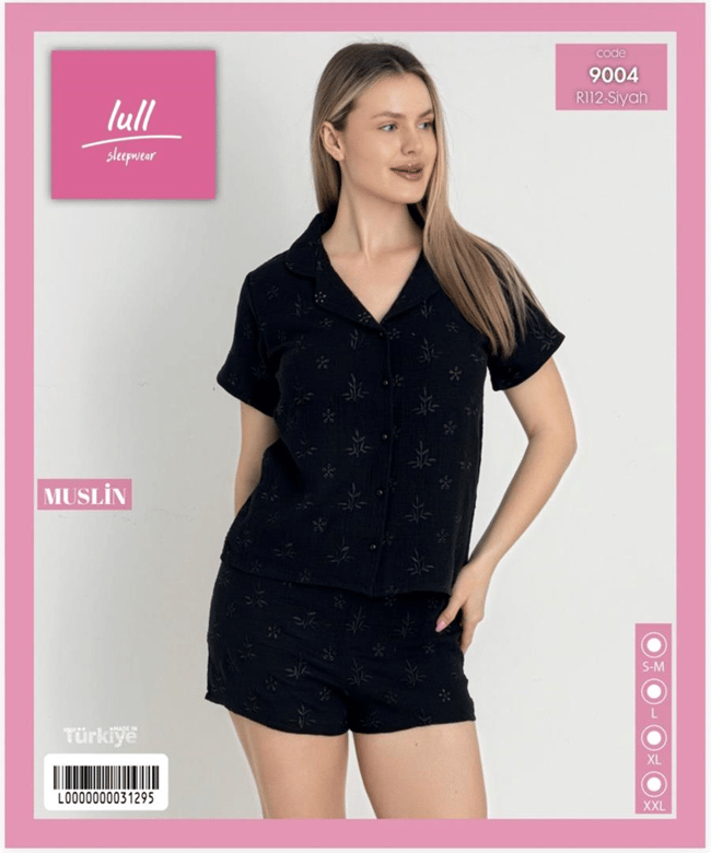 Mihra-Lull 9004-R112 Kadın Bambu Müslin Düğmeli Kısa Kol Şortlu Pijama Takımı