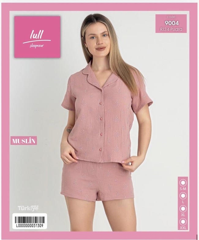 Mihra-Lull 9004-R134 Kadın Bambu Müslin Düğmeli Kısa Kol Şortlu Pj.Tkm