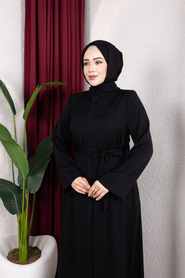 Kuşak Detaylı Dubai İpeği Ferace 2340 Siyah