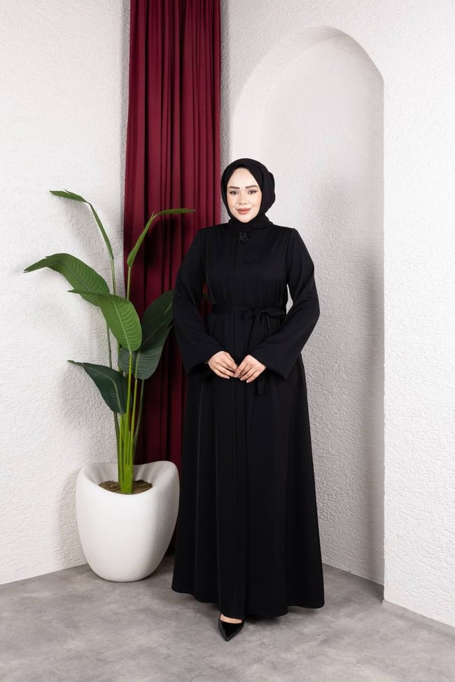 Kuşak Detaylı Dubai İpeği Ferace 2340 Siyah