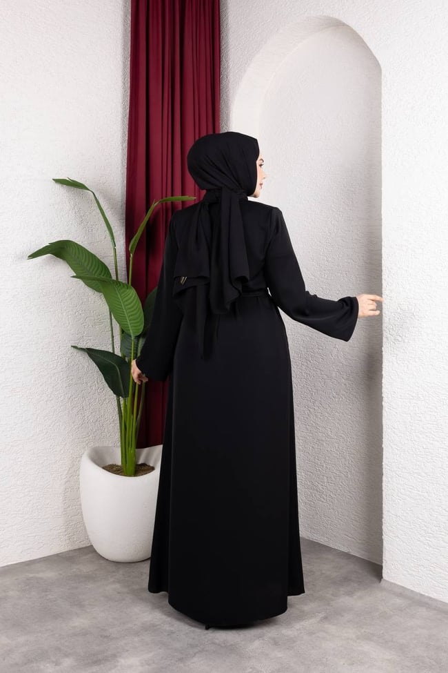 Kuşak Detaylı Dubai İpeği Ferace 2340 Siyah