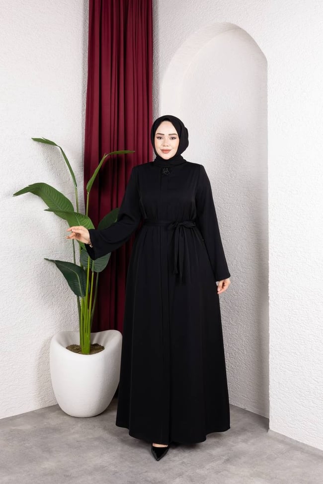 Kuşak Detaylı Dubai İpeği Ferace 2340 Siyah