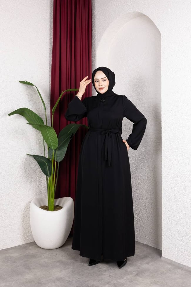 Kuşak Detaylı Dubai İpeği Ferace 2340 Siyah