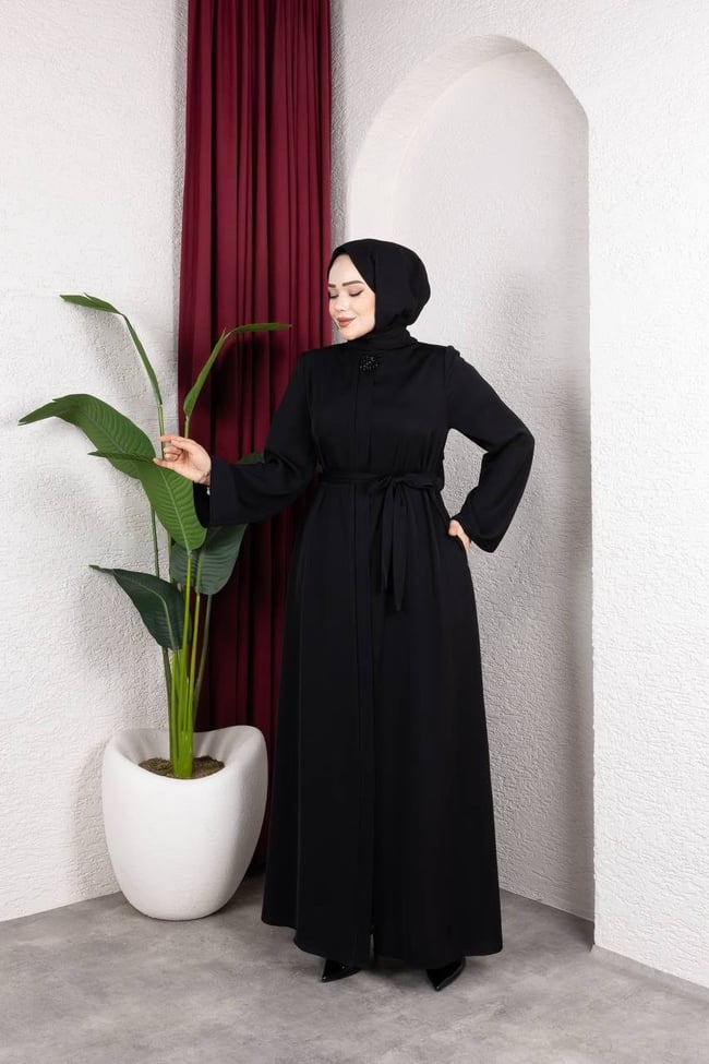 Kuşak Detaylı Dubai İpeği Ferace 2340 Siyah