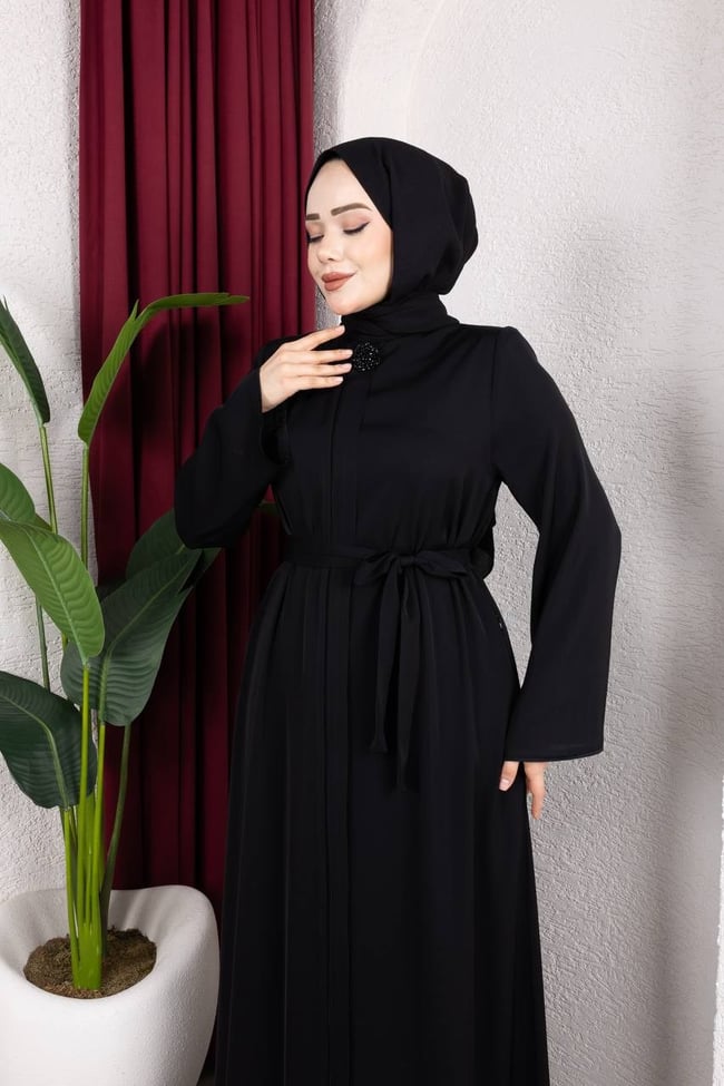 Kuşak Detaylı Dubai İpeği Ferace 2340 Siyah