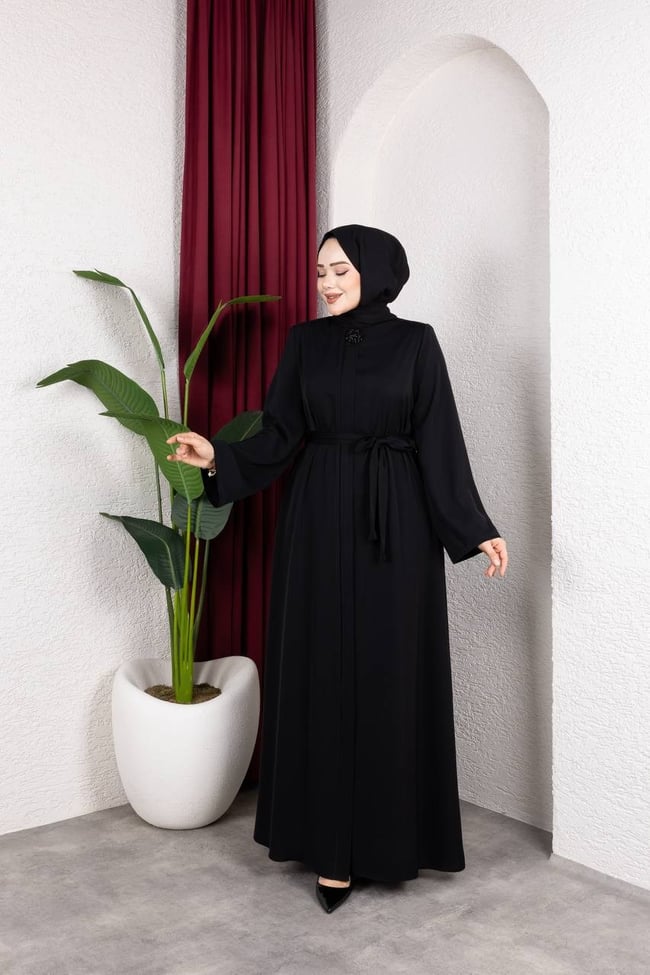 Kuşak Detaylı Dubai İpeği Ferace 2340 Siyah