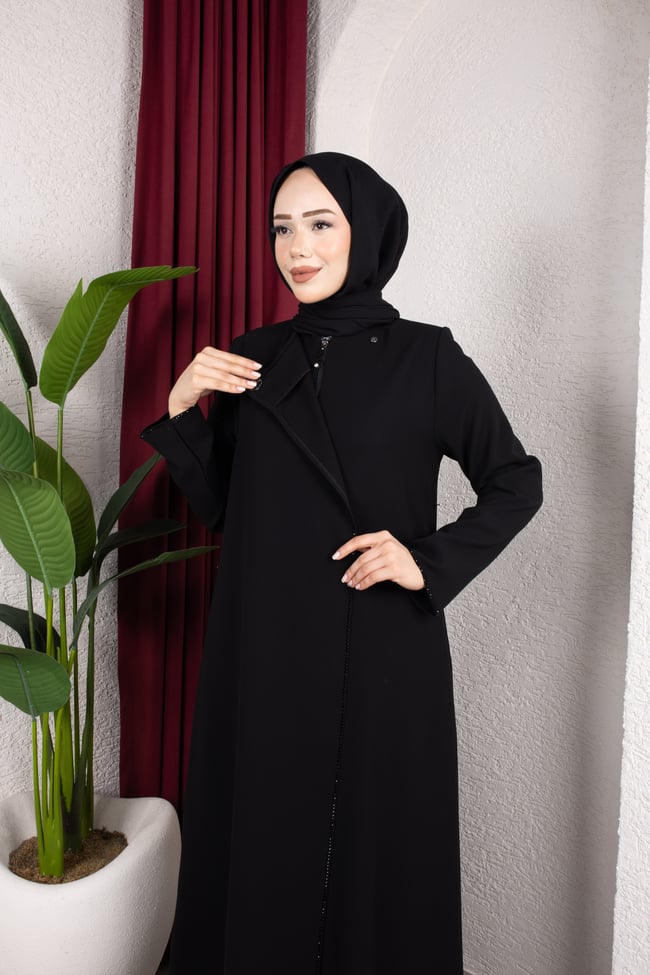 Petek Kumaş Fermuarlı Şık Ferace 2352 | Siyah