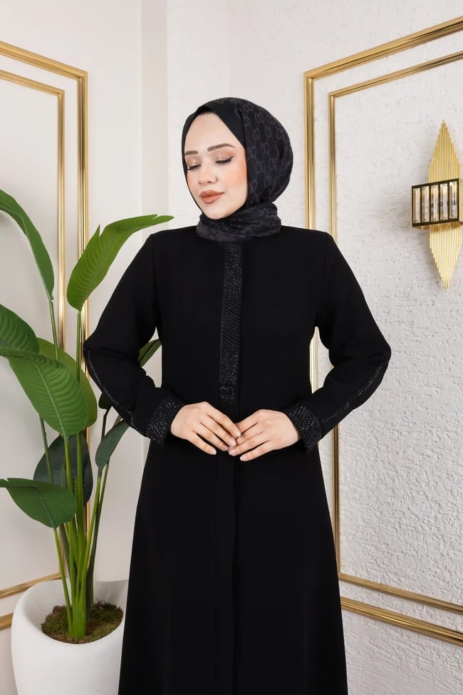 Sade İnce Pul Detaylı Ferace 2284 Siyah