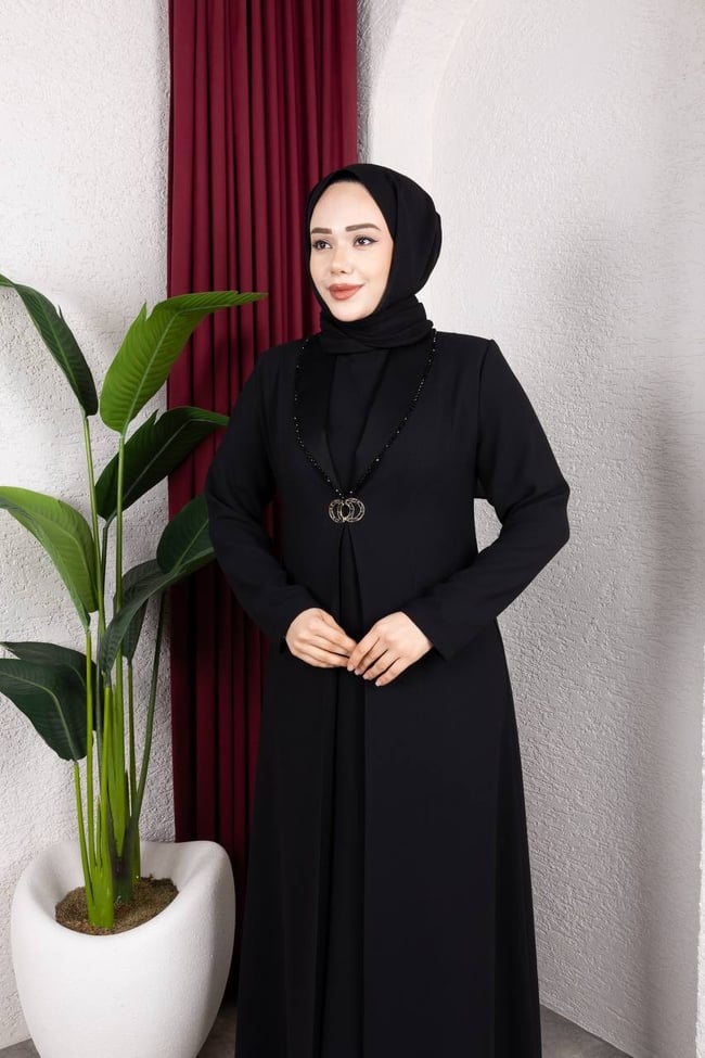 Şal Yaka Taş Detaylı Ferace 2331 Siyah
