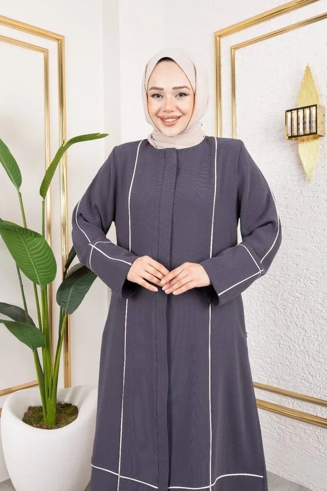 Şerit Desenli Şık Ferace  2297 Koyu Gri