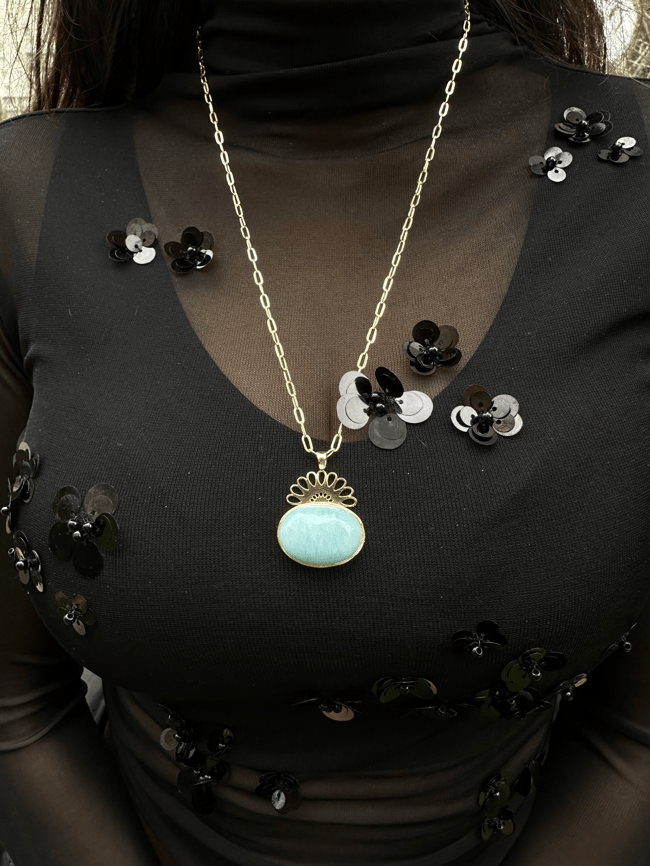 Doğal Aquamarine Taşı Kolye-Pirinç