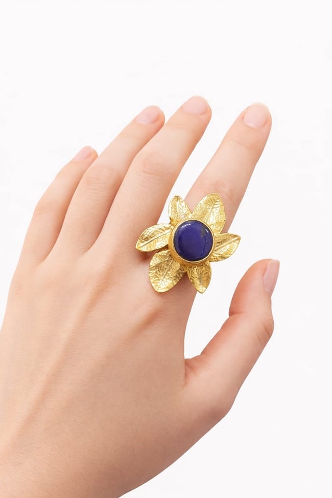 Lapis lazuli  taşlı 14 ayar altın kaplama pirinç çiçek yüzük