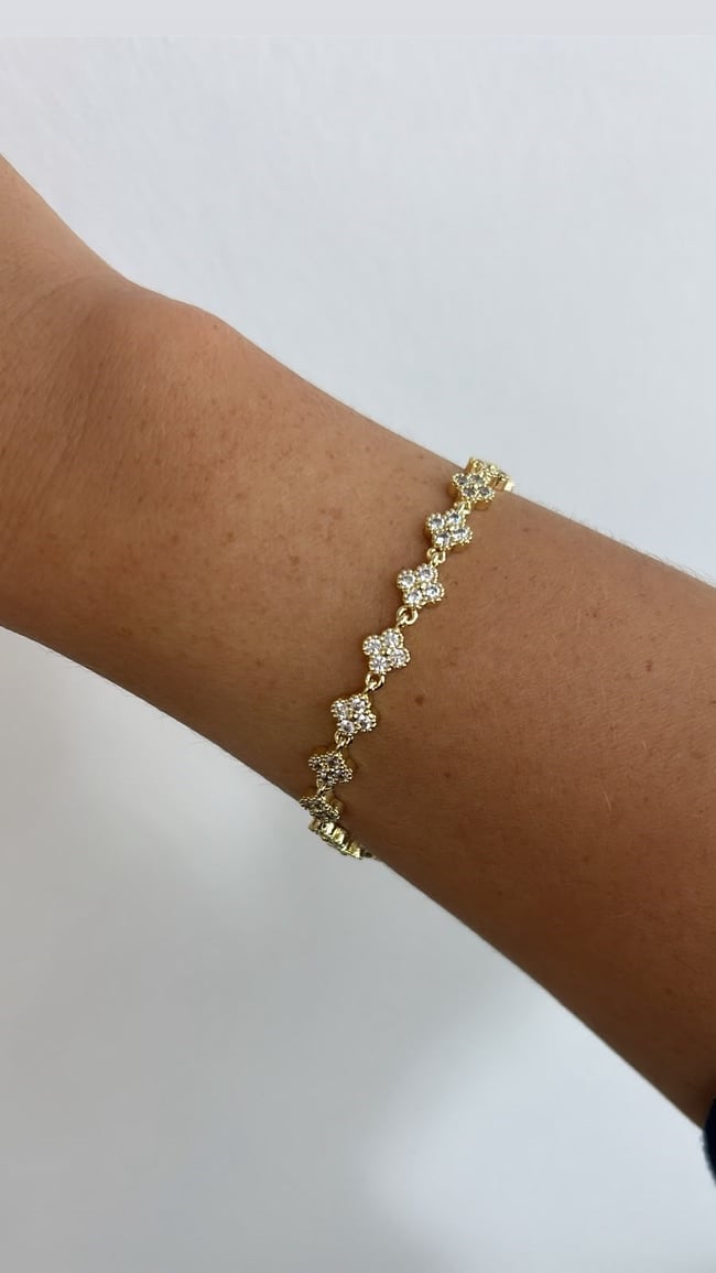 14K Gold Vip Seri Taşlı Yonca Bileklik 18cm