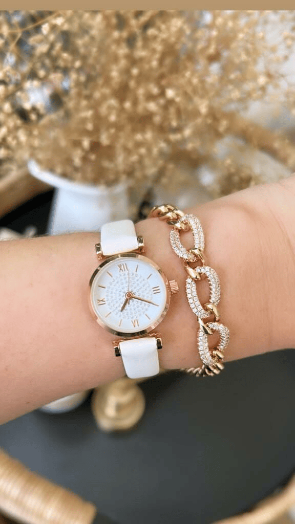 Beyaz Kordonlu İçi Taşlı Saat 20cm