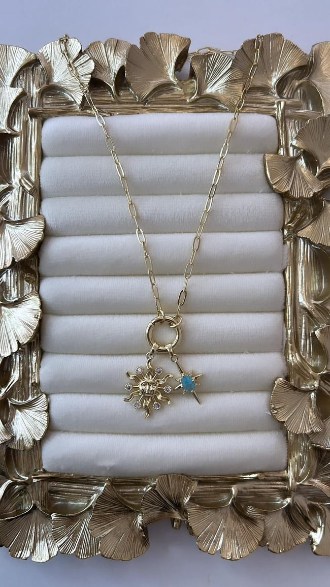 Özel Seri 14K Gold Mavi Taşlı Charmlı Kolye 45 cm