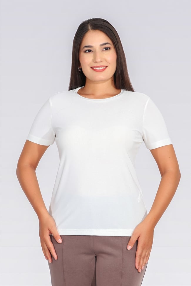 10693 BİSİKLET YAKA KISA KOL ŞIK KUMAŞ ÖRME BLUZ