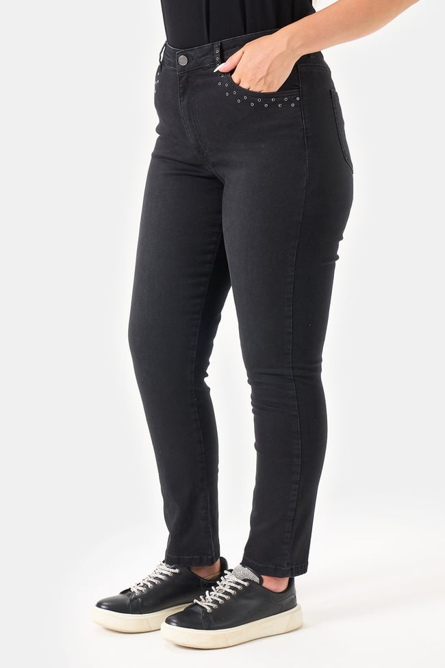 30297 TAŞ DETAYLI DAR PAÇA KOT PANTOLON