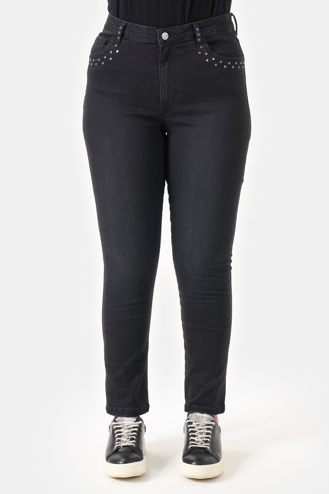 30297 TAŞ DETAYLI DAR PAÇA KOT PANTOLON