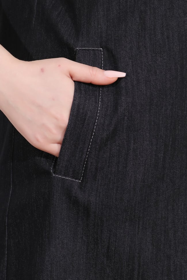 40218 ŞIK DÜĞME DETAYLI MİDİ BOY KISA KOL DENİM ELBİSE