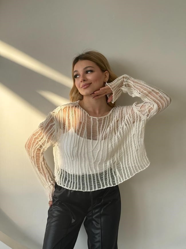 Ajurlu Triko Bluz Bej