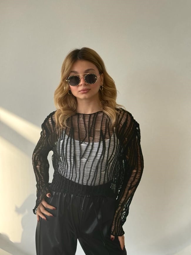 Ajurlu Triko Bluz Siyah