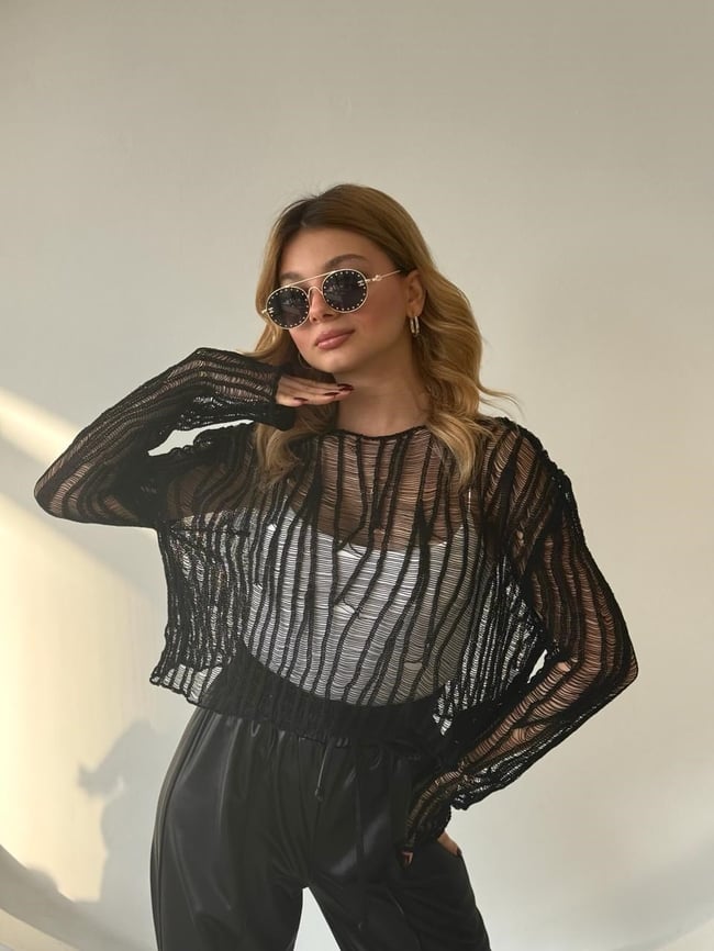 Ajurlu Triko Bluz Siyah