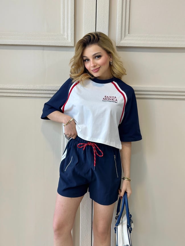 Beli Bağcıklı Lastikli Şort Crop Takım