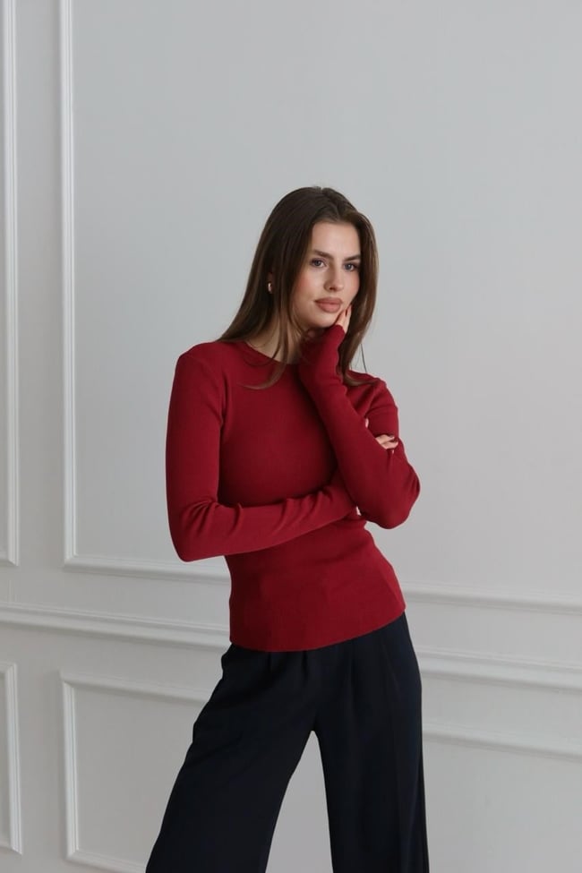 Bilekten Geçmeli Basic Triko Bluz Bordo