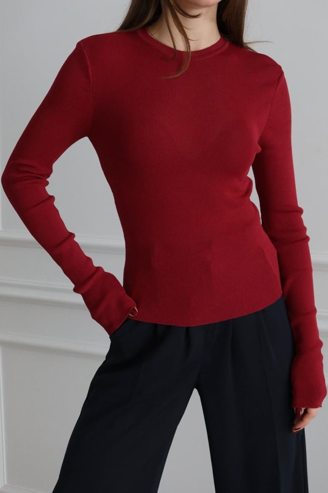 Bilekten Geçmeli Basic Triko Bluz Bordo