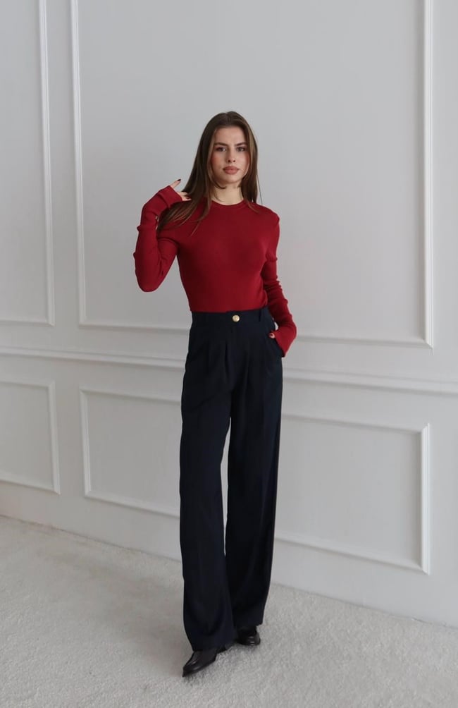 Bilekten Geçmeli Basic Triko Bluz Bordo