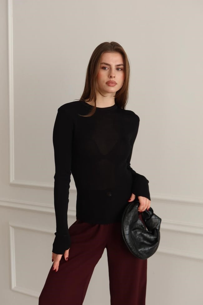 Bilekten Geçmeli Basic Triko Bluz Siyah