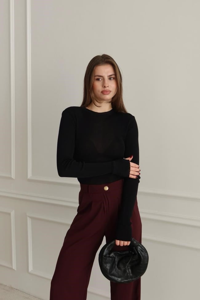 Bilekten Geçmeli Basic Triko Bluz Siyah