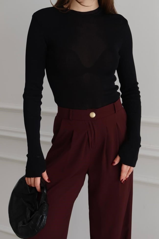 Bilekten Geçmeli Basic Triko Bluz Siyah