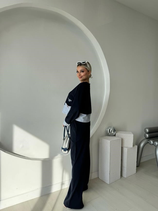 Lacivert Çizgi Detaylı Sweat Pantolon Takım