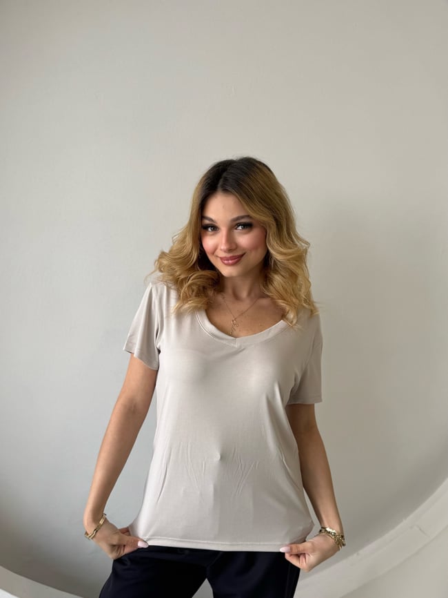 Modal Ekru Açık Yaka Tshirt