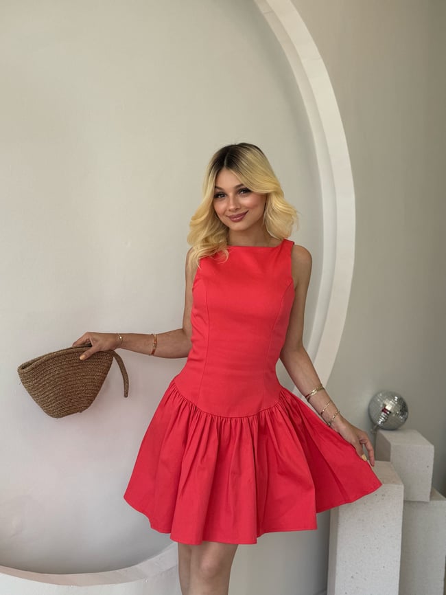 Nar Çiçeği Büzgülü Mini Elbise
