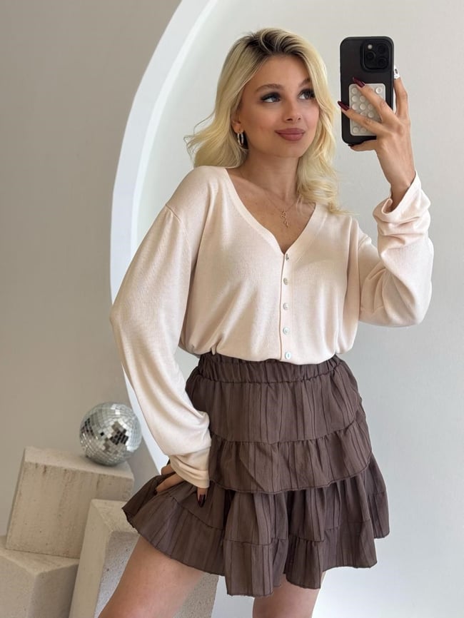 Oversize Düğmeli Merserize Hırka Bej