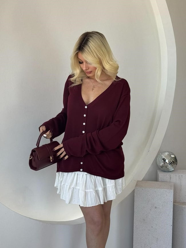 Oversize Düğmeli Merserize Hırka Bordo