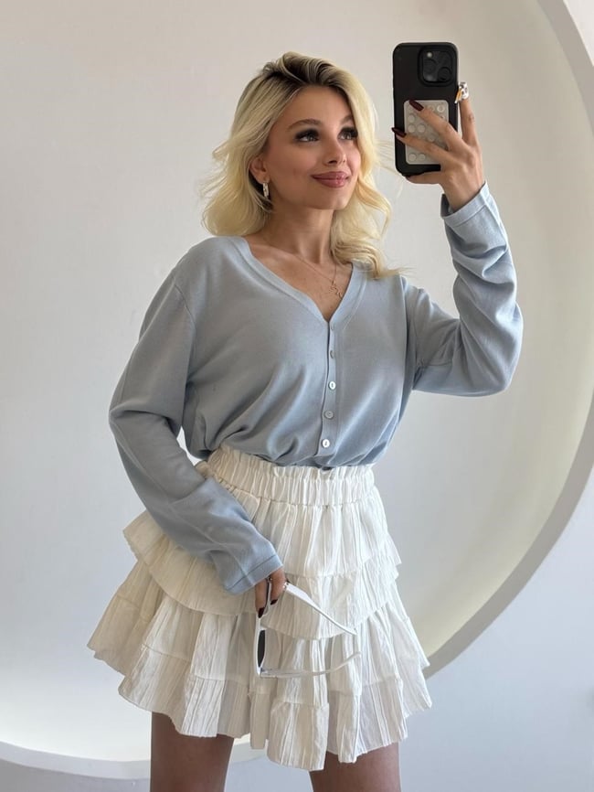 Oversize Düğmeli Merserize Hırka Mavi