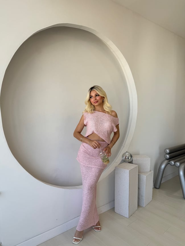 Pembe Dokulu Drape Detaylı İkili Takım