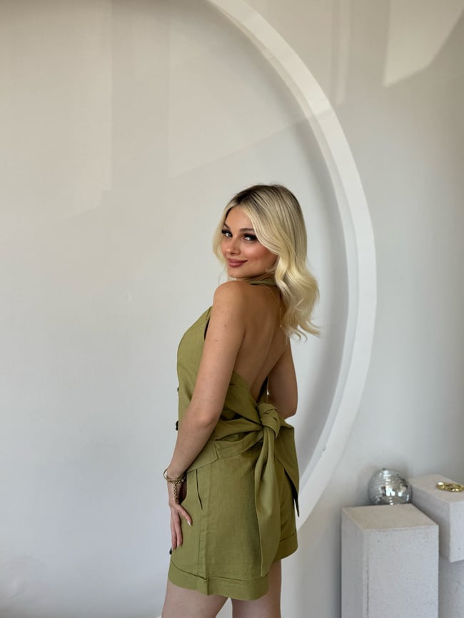 Premium Keten Yeşil Yelek Şort Takım