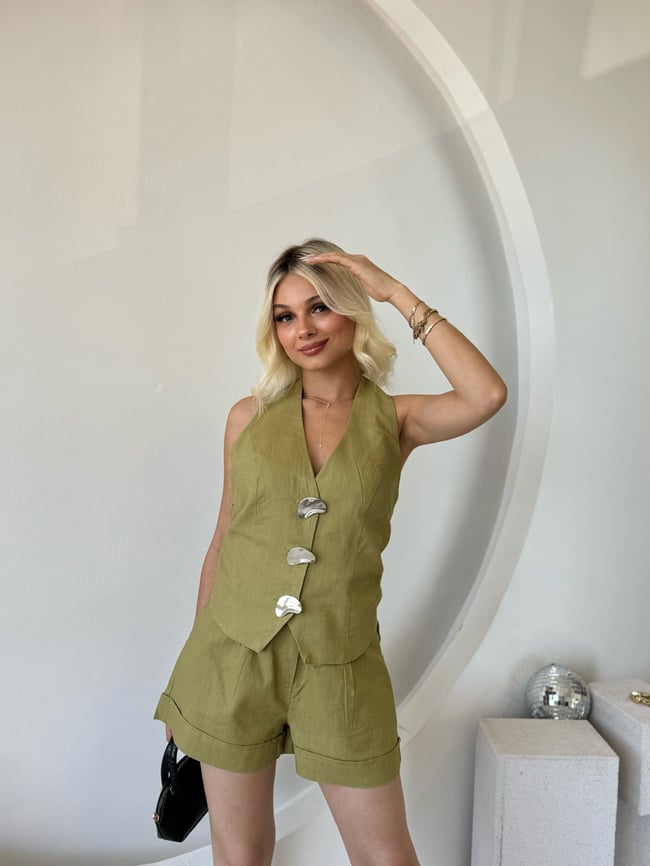 Premium Keten Yeşil Yelek Şort Takım