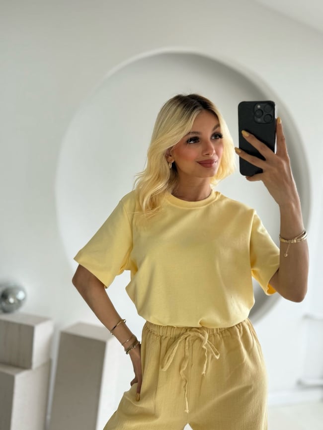 Sarı Bisiklet Yaka Basic Tişört